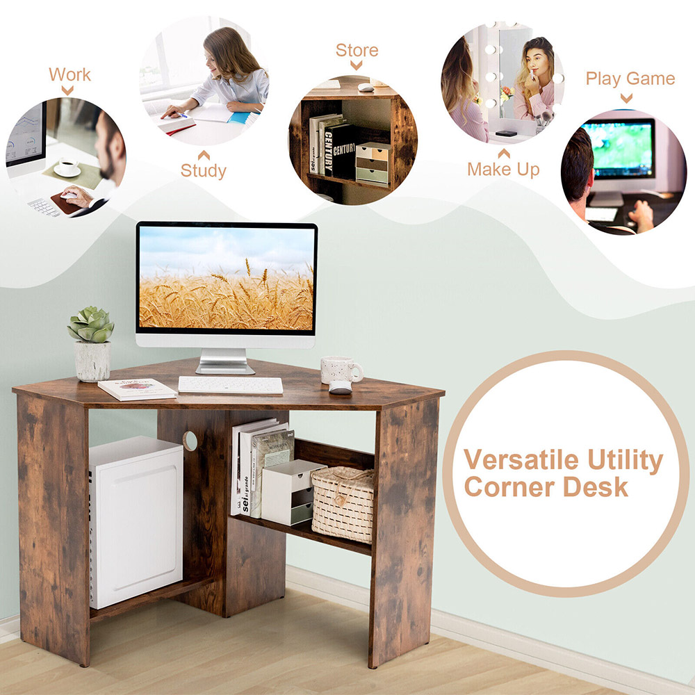 Costway Brown Triangle Corner Computer Desk with Open Shelf and Cable Holes Image 8