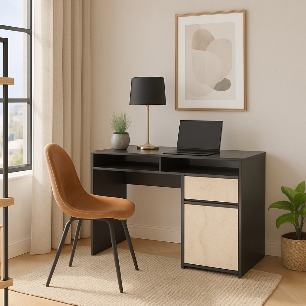 Decorotika Isla Single Door Single Drawer 2 Shelf Corner Computer Desk Black Travertine Image 5