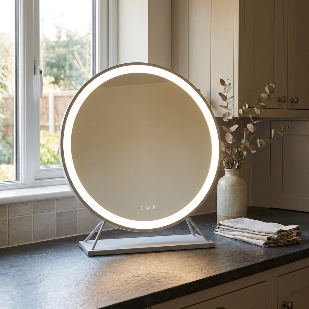 White Round Standing Hollywood LED Mirror Image 6