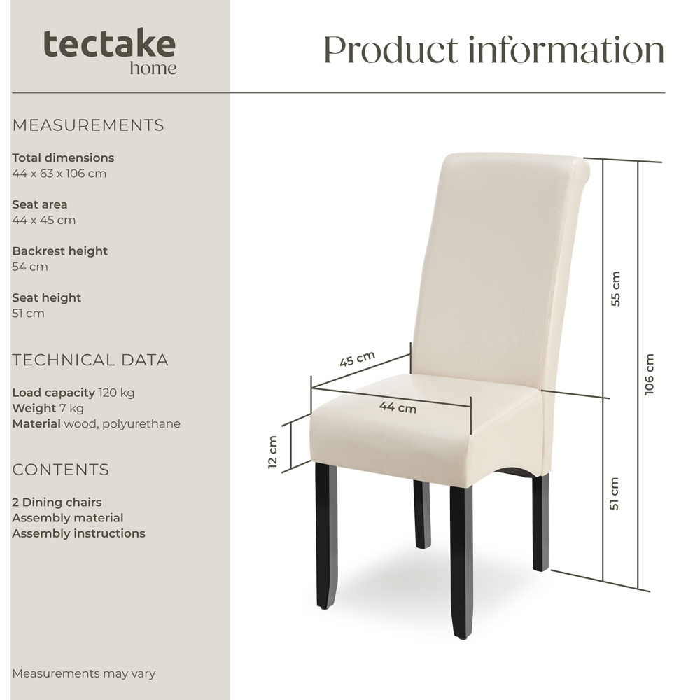 tectake Set of 2 Cream Faux Leather High Backrest Dining Chair Image 9