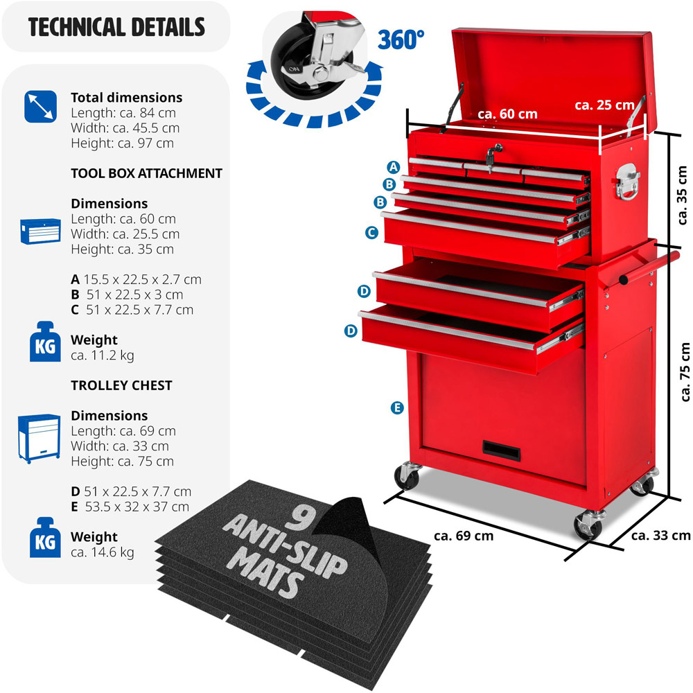tectake 8 Drawer Red Tool Chest of Drawers with Wheels Image 9