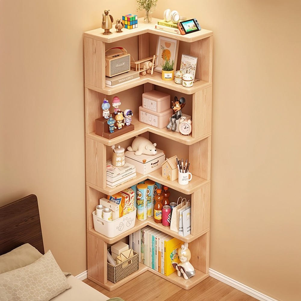 Living and Home 6 Shelf Natural Wooden L-Shaped Corner Bookshelf Image 8