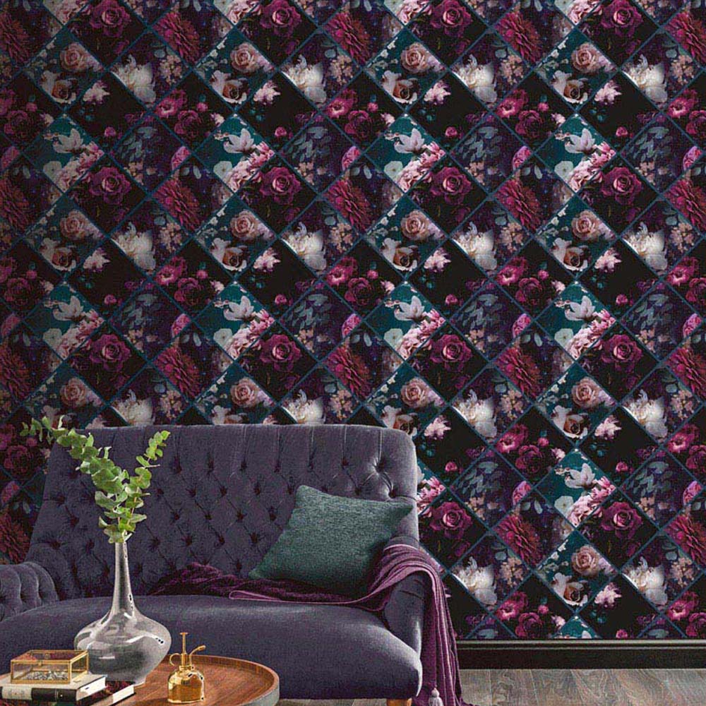 Arthouse Floral Collage Plum and Teal Wallpaper Image 4