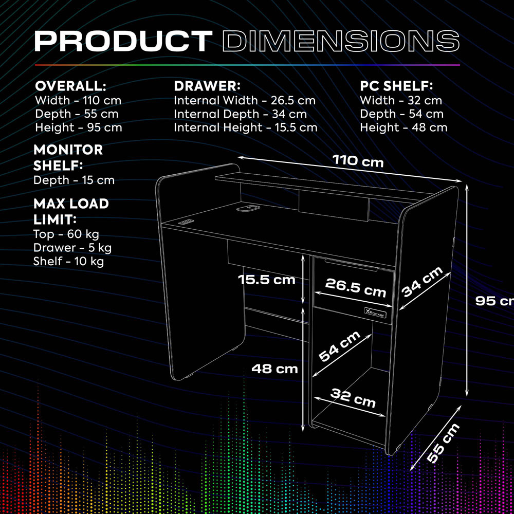 X Rocker Electra Single Drawer 2 Shelf RGB Gaming Desk with Wireless Charging Black Image 9