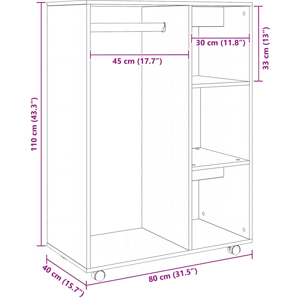 vidaXL 3 Shelf Smoked Oak Wardrobe with Coat Rack and Wheels Image 6