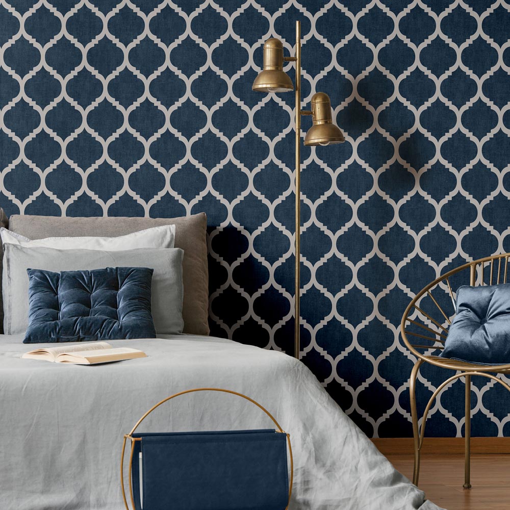 Darcy James Zara Trellis Blue and Silver Wallpaper Image 3