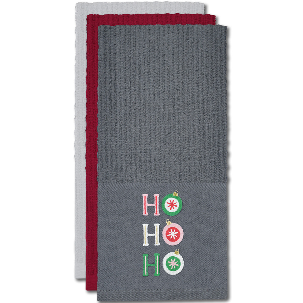 Noel Square Xmas Ho Ho Ho Grey Tea Towel 3 Pack Image 3