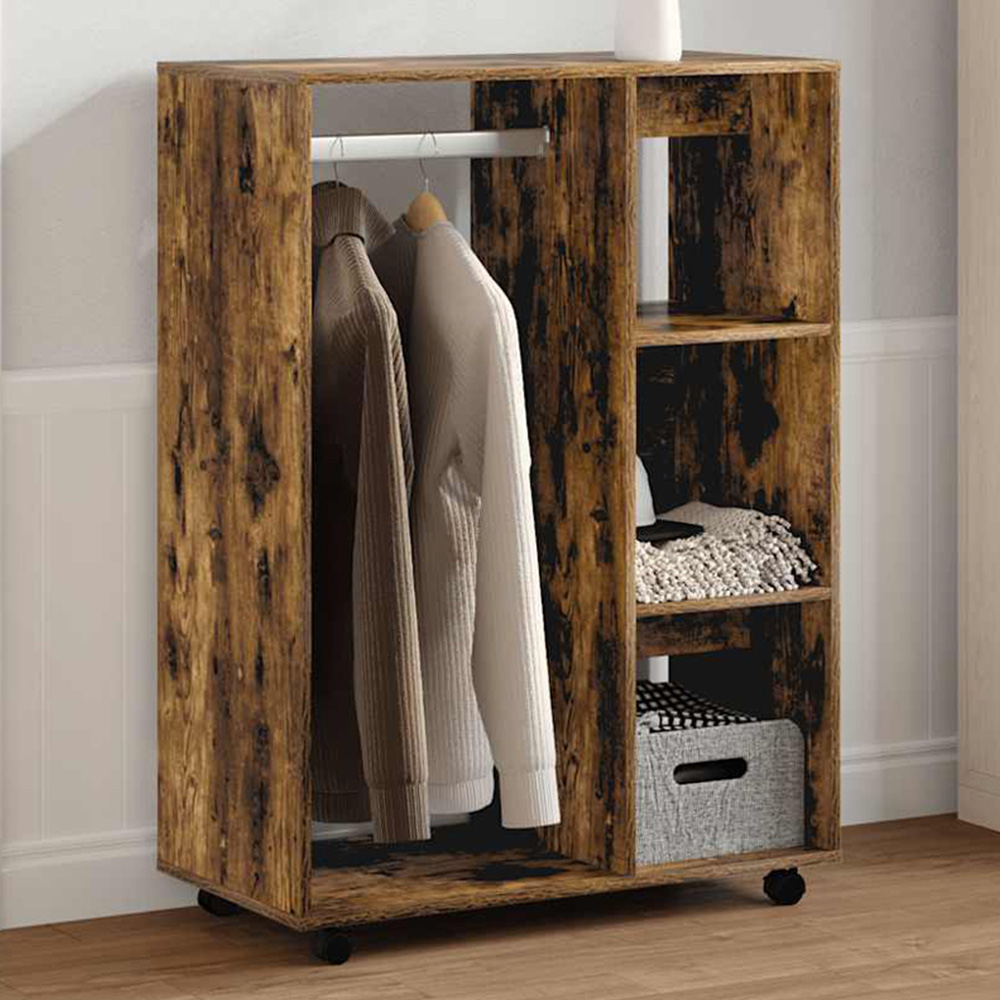 vidaXL 3 Shelf Smoked Oak Wardrobe with Coat Rack and Wheels Image 1