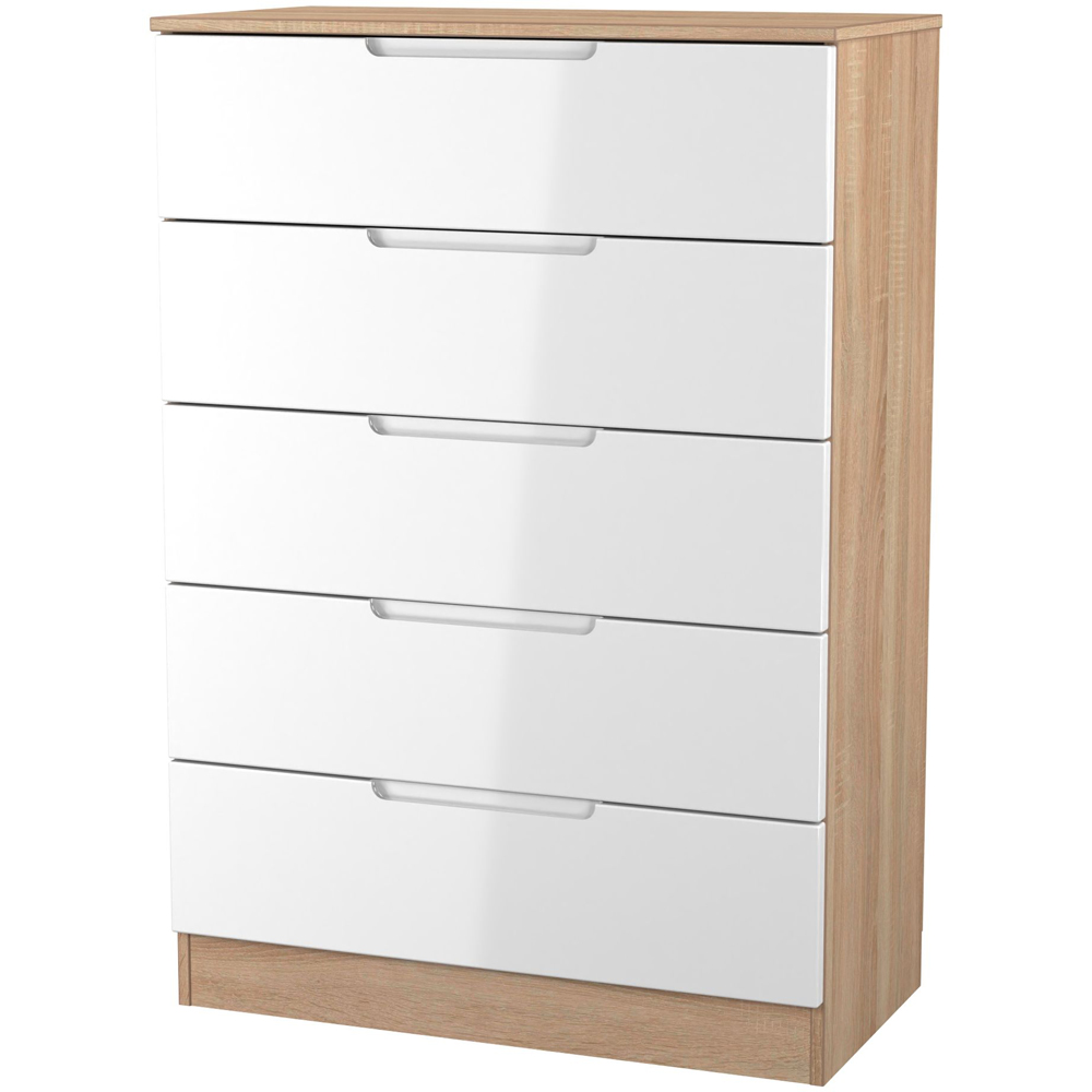 Crowndale Milan 5 Drawer White Gloss and Bardolino Oak Chest of Drawers Ready Assembled Image 2