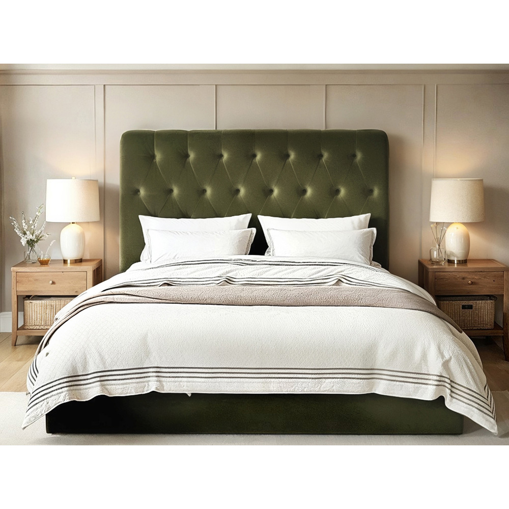 Flair Marley King Size Green Velvet Fabric Ottoman Bed with Buttoned Headboard Image 4