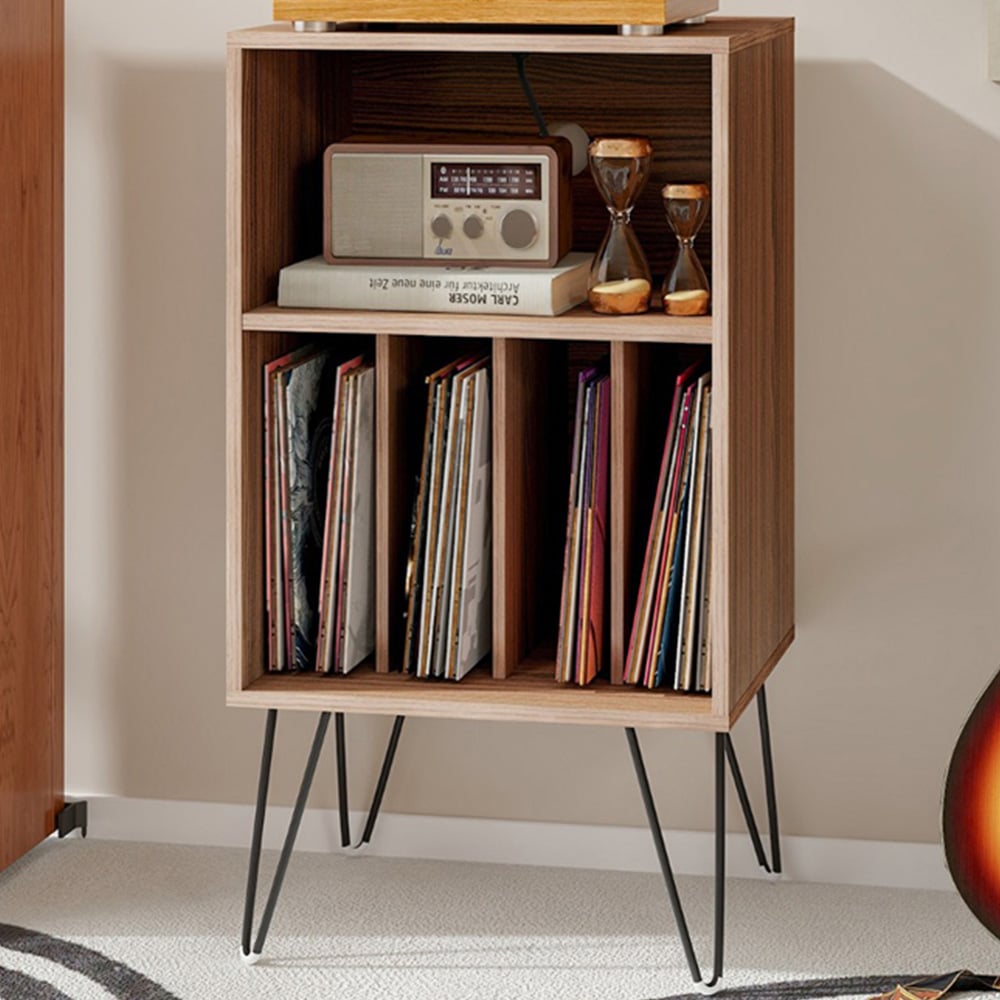 Costway 5 Compartment Walnut Record Player Stand with Charging Station Image 1