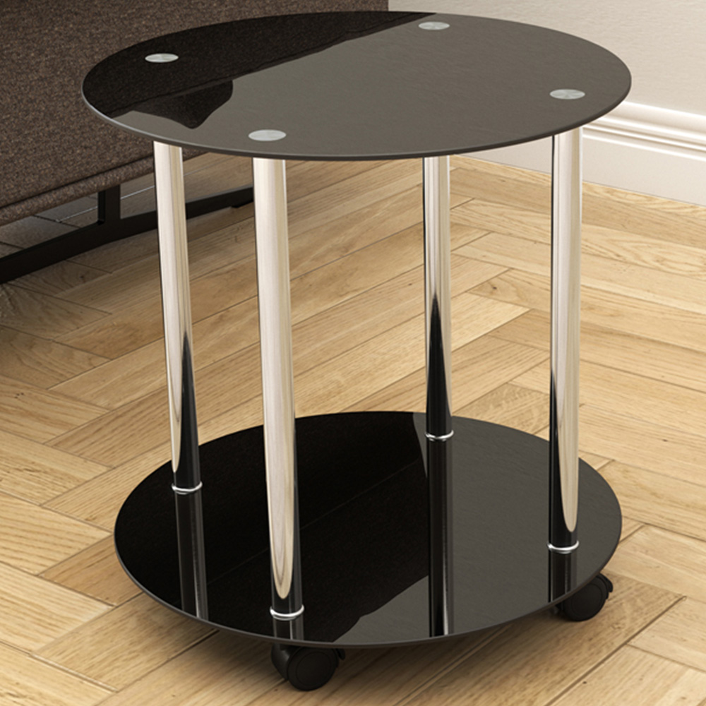 AVF Black Glass and Chrome Round Lamp Table with Wheels Image 1