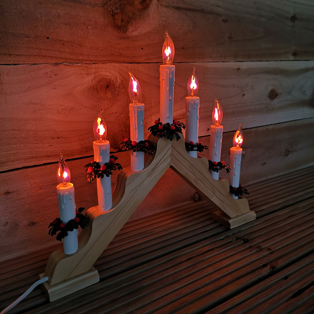 Premier 7 Flickering Warm White LED Wood Finish Christmas Candle Bridge Image 6