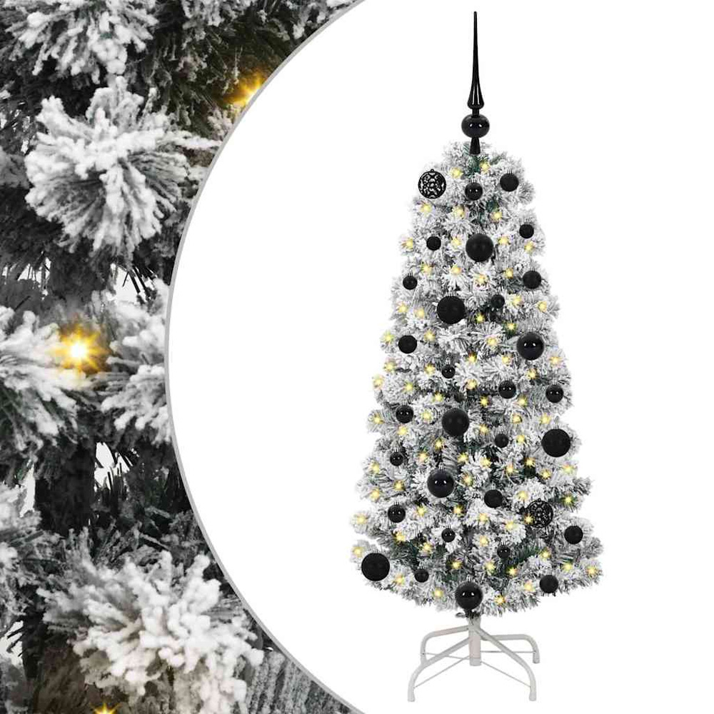 vidaXL Pre-Lit Warm White LED and Black Baubles Snow Flocked Artificial Christmas Tree 4ft Image 2