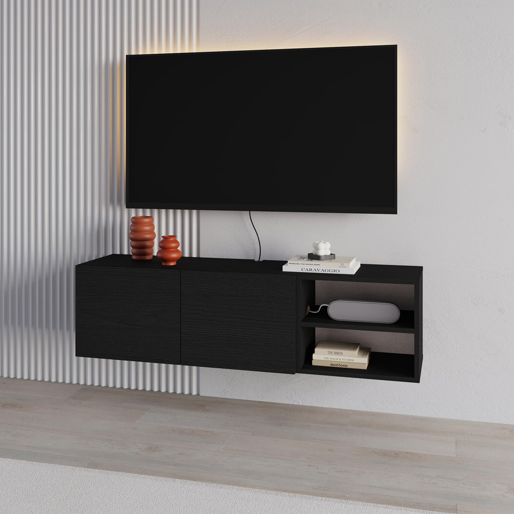 Decortie Conrad 2 Door 2 Shelf Black Wood TV Unit Image 4