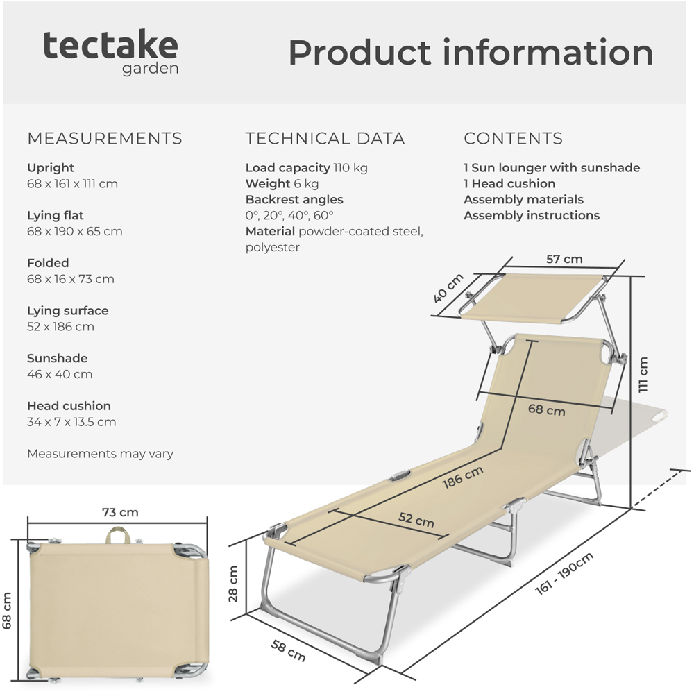 tectake Chloé Beige 4 Step Backrest Sun Lounger with Head Cushion Image 9
