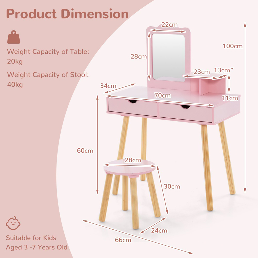 Costway 2 Drawer Kids Pink Vanity Table and Stool Set with Mirror Image 9