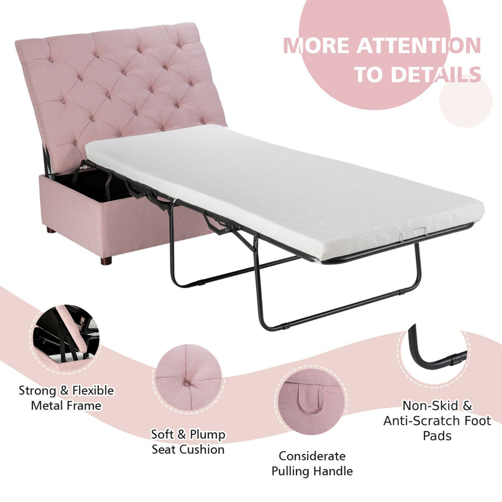 Costway Single Sleeper Pink Convertible Sofa Bed with Mattress Image 6