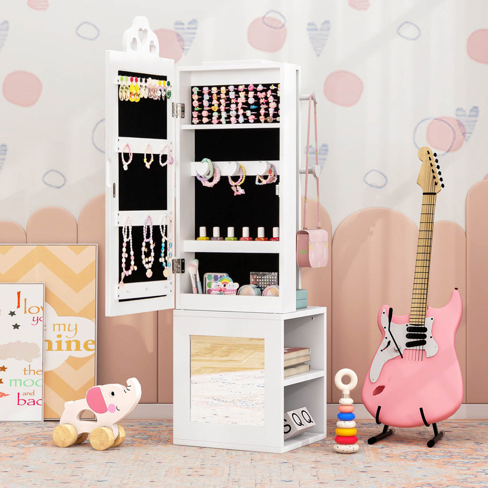 Costway 2 Shelf White Kids Jewellery Armoire Full Length Mirror with Coat Rack Image 3