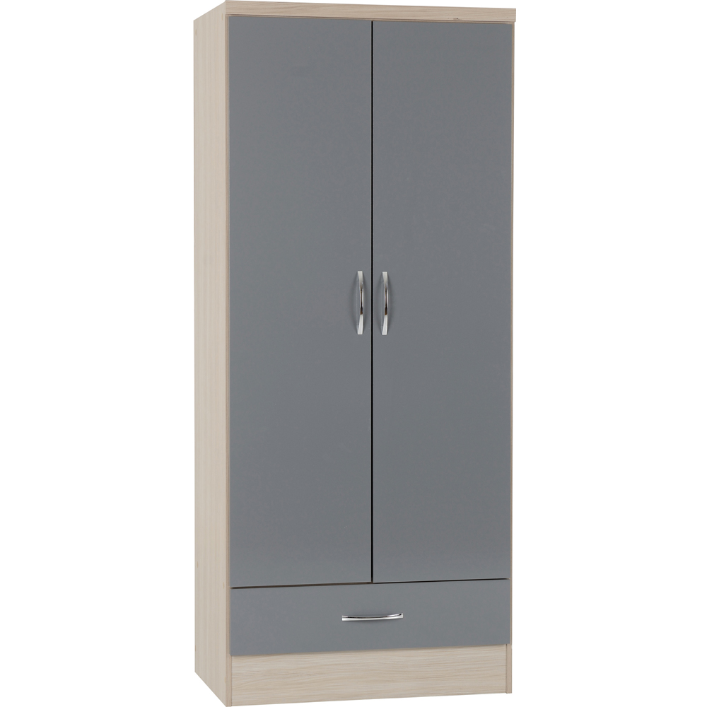 Seconique Nevada 2 Door Single Drawer Grey Gloss and Light Oak Veneer Wardrobe Image 2