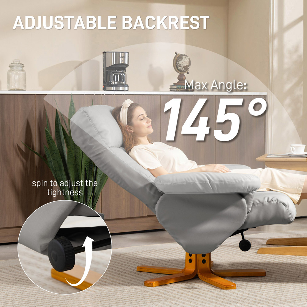 Portland Light Grey PU Leather Wooden Base Swivel Recliner Chair with Ottoman Image 5