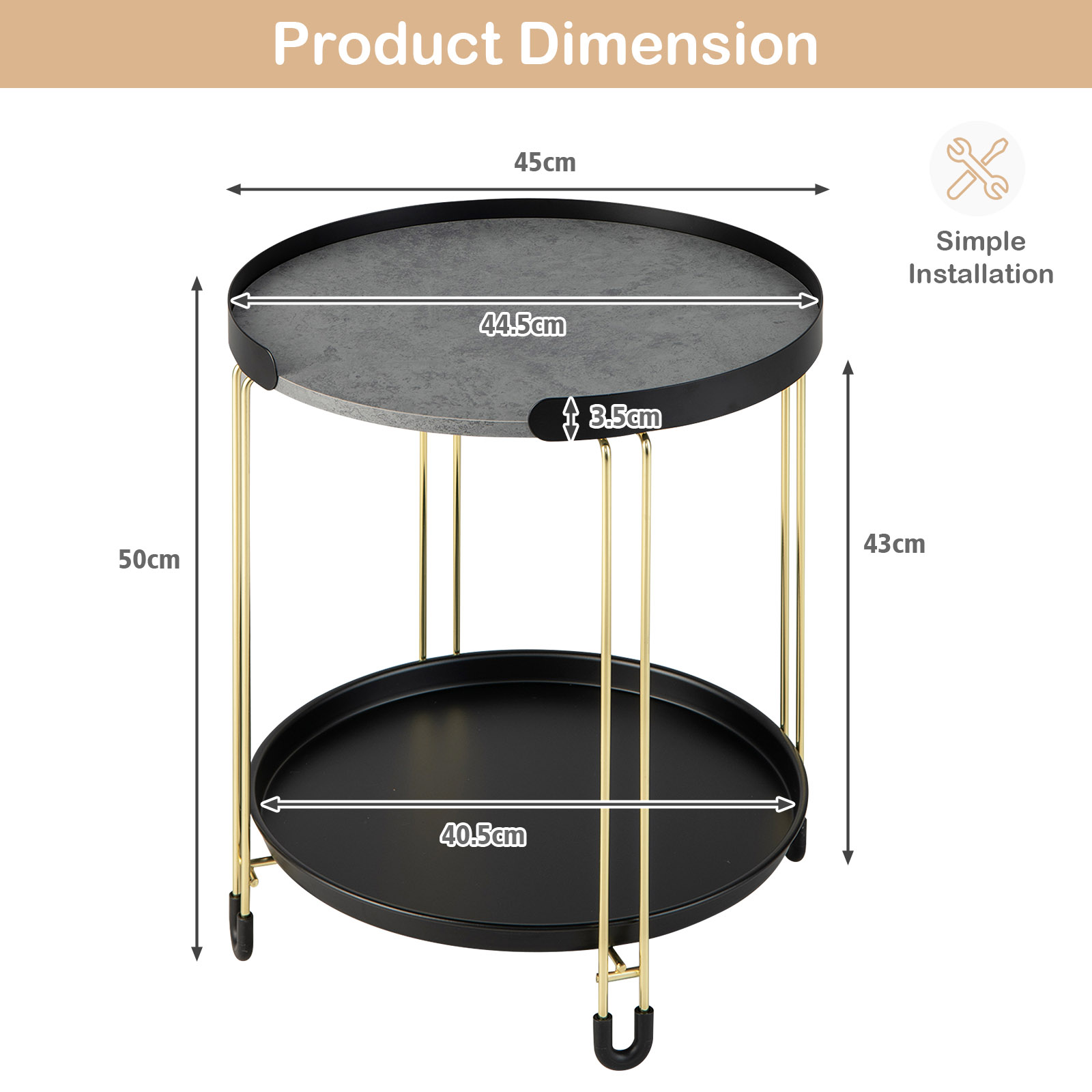 Costway Single Shelf Faux Marble Side Table with Removable Tray Image 9