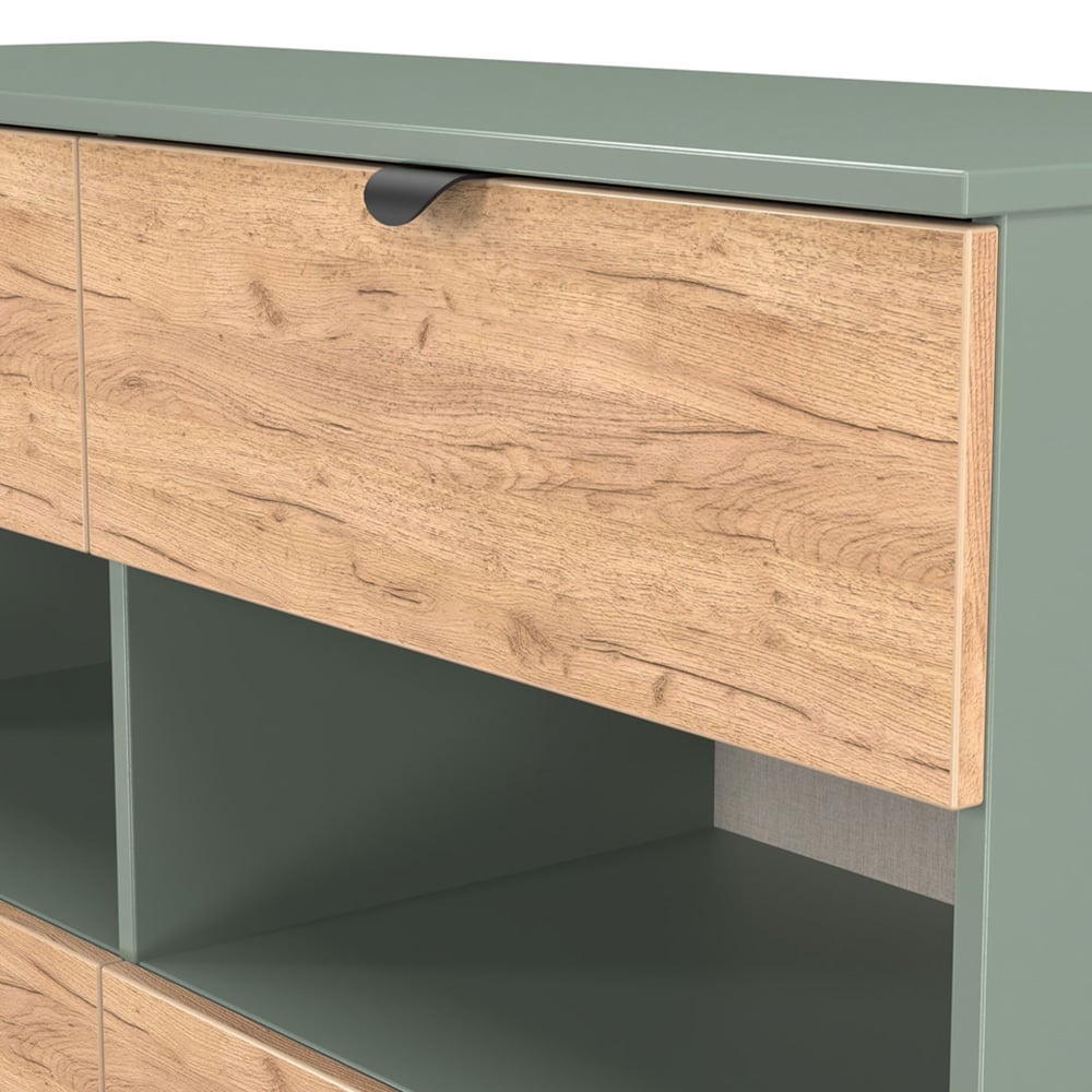 Crowndale Bora 4 Drawer 2 Shelf Gold Oak and Reed Green Wide Midi Chest Image 6