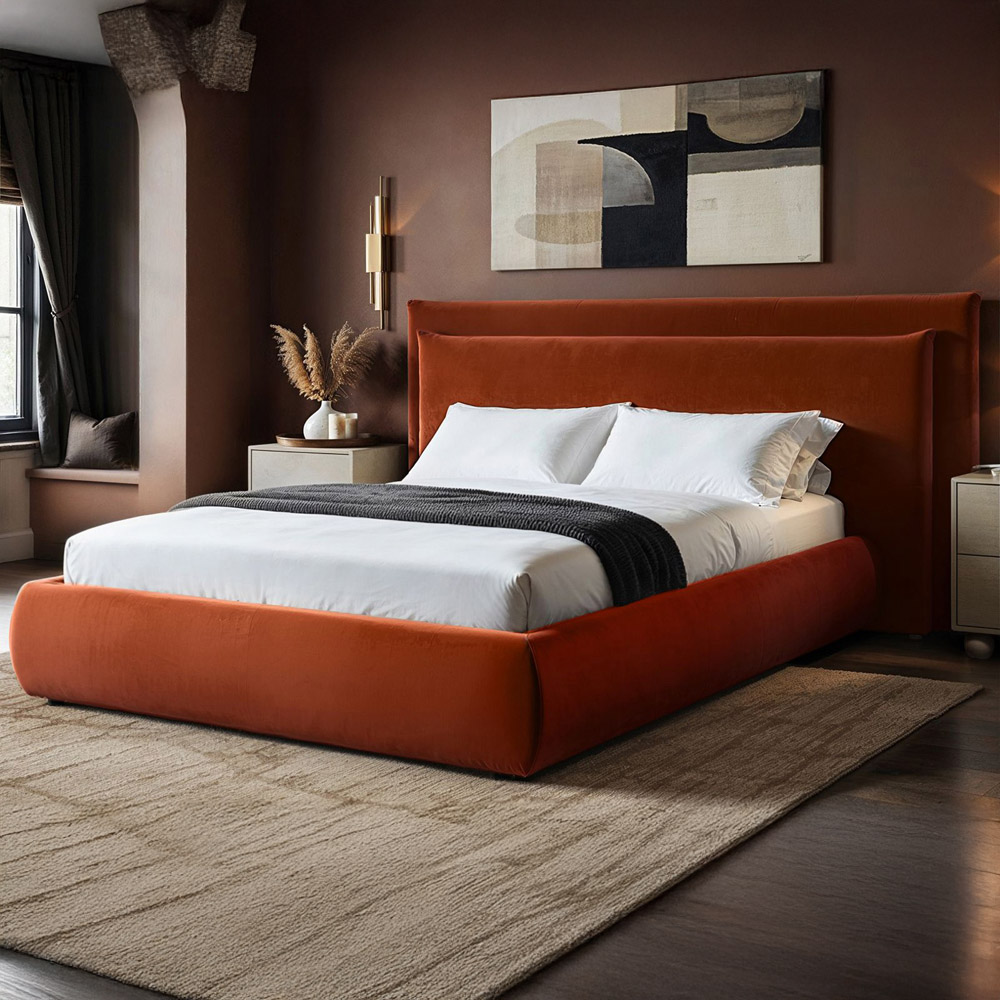 Solace+Co Sigrid King Size Burnt Orange Velvet Ottoman Storage Bed Image 1