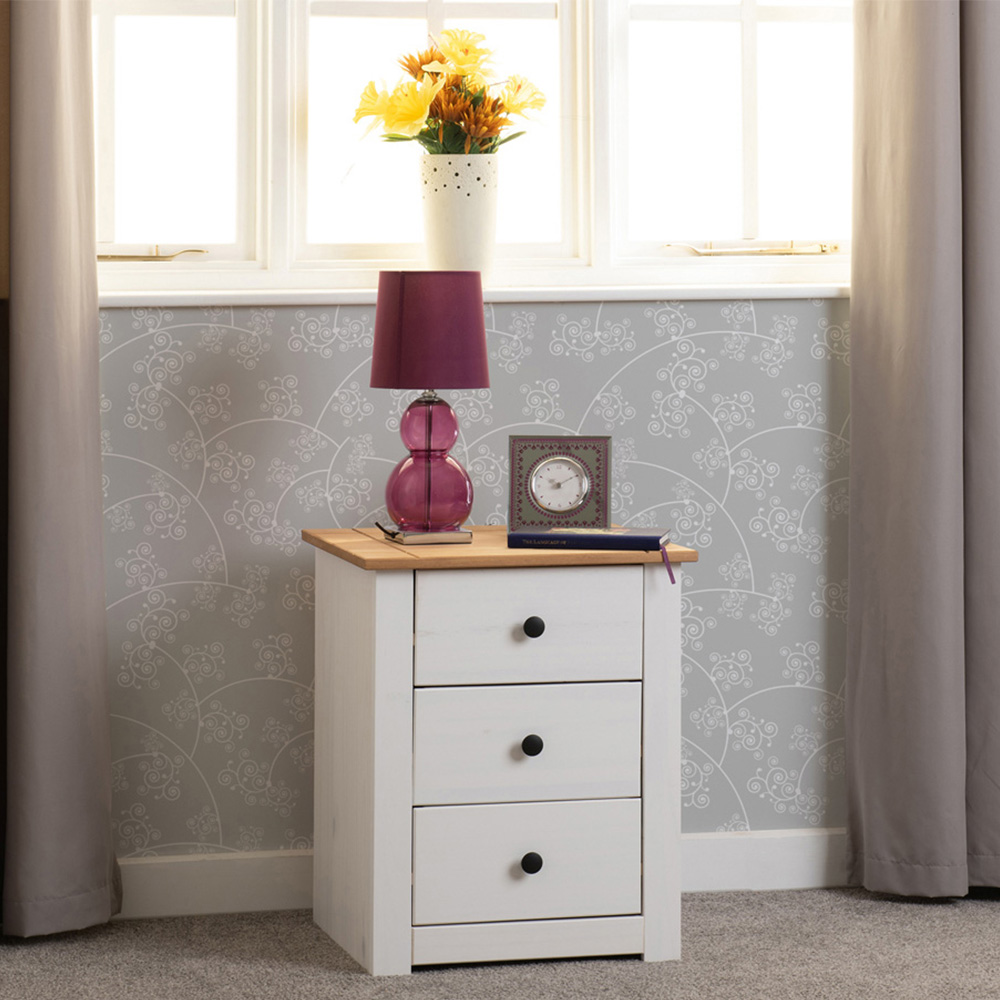 Seconique Panama 3 Drawer White and Natural Wax Bedside Table Image 1