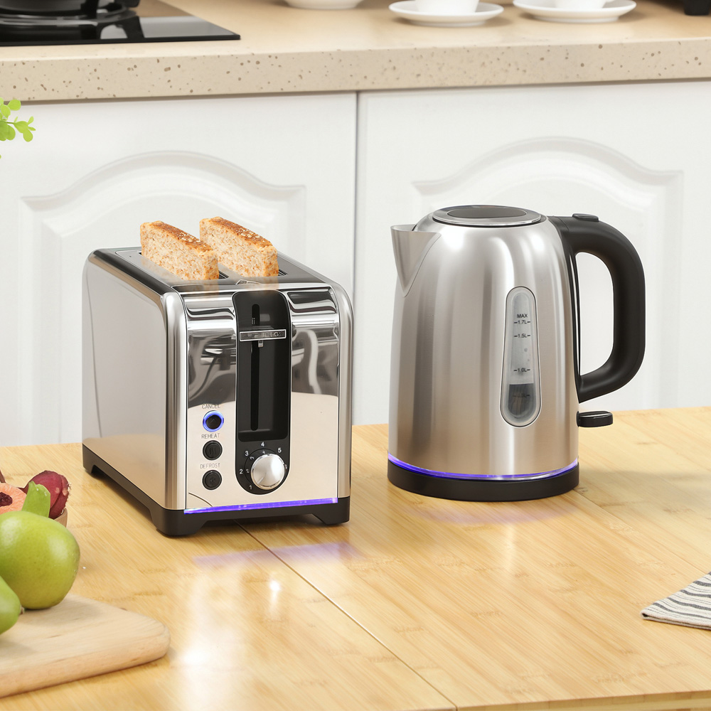 HOMCOM 800-285V70SR Silver Tone Rapid Boil 1.7L Jug Kettle and 2 Slice Toaster Set Image 2