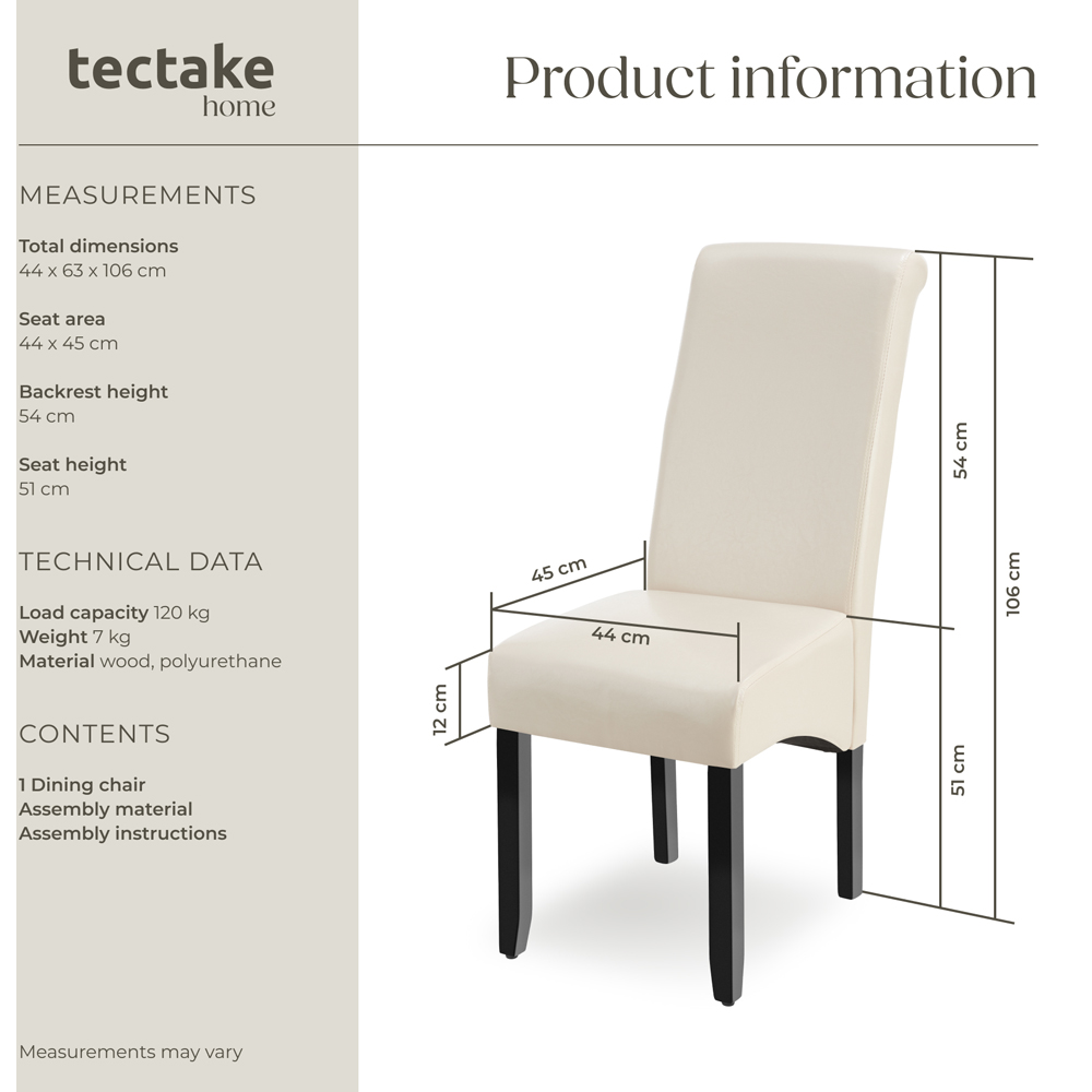 tectake Cream Faux Leather High Backrest Dining Chair Image 9
