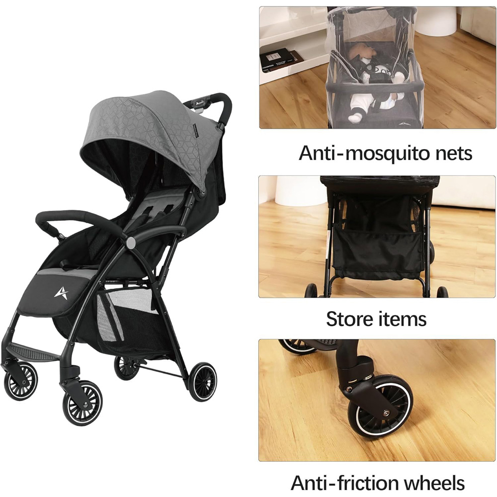 Alivio Grey Foldable Baby Pushchair Stroller with Mosquito Net and Shoulder Strap Image 7