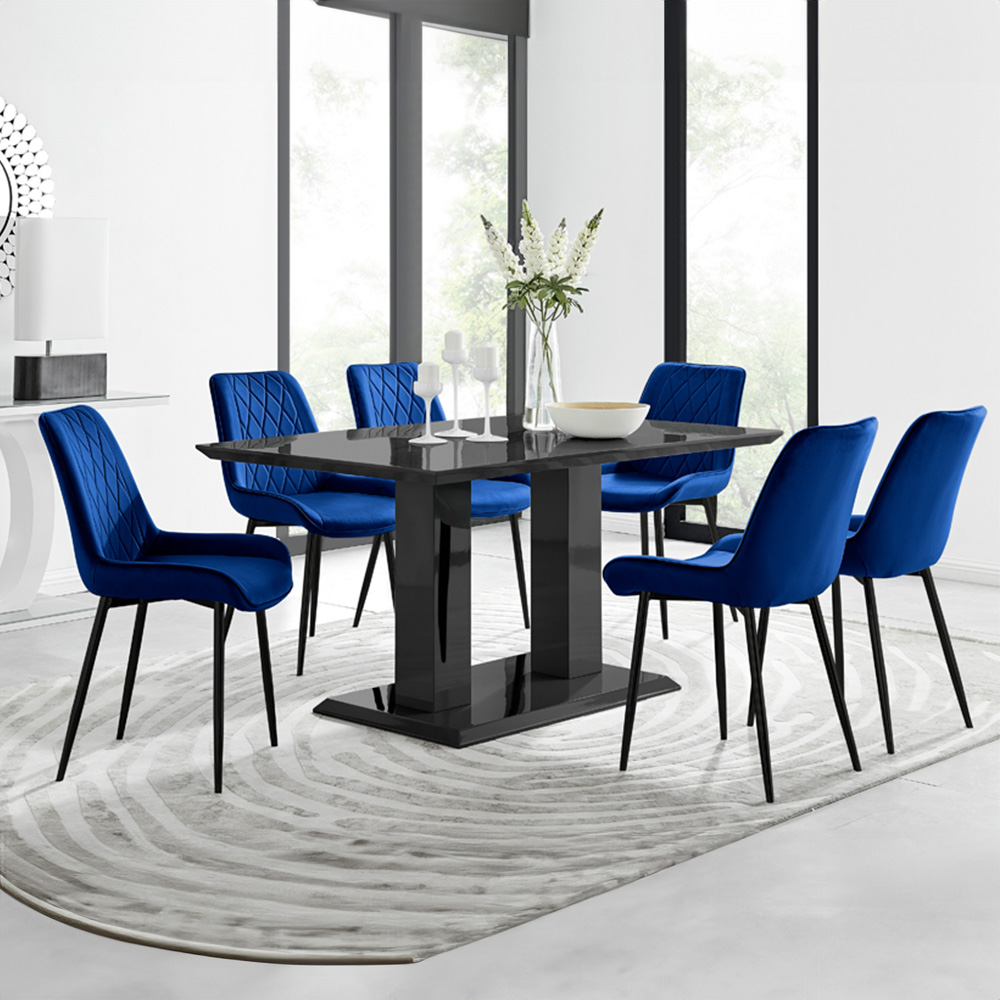 Furniturebox Molini Cesano 6 Seater Dining Set Black Gloss and Navy Image 1
