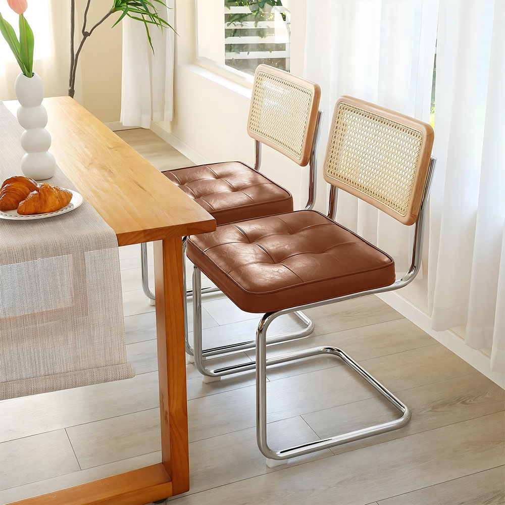 Living and Home Set of 2 Brownish Yellow PU Leather Rattan Back Dining Chairs Image 8