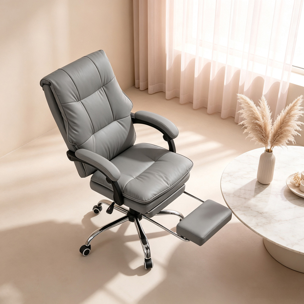 Living and Home Grey PVC Leather Reclining Backrest Office Chair with Footrest Image 8