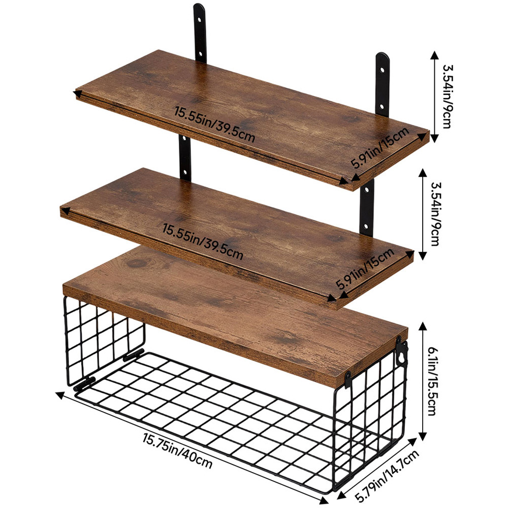 Living and Home 3 Shelf Wooden Wall-Mounted Floating Shelf with Wire Basket Image 9