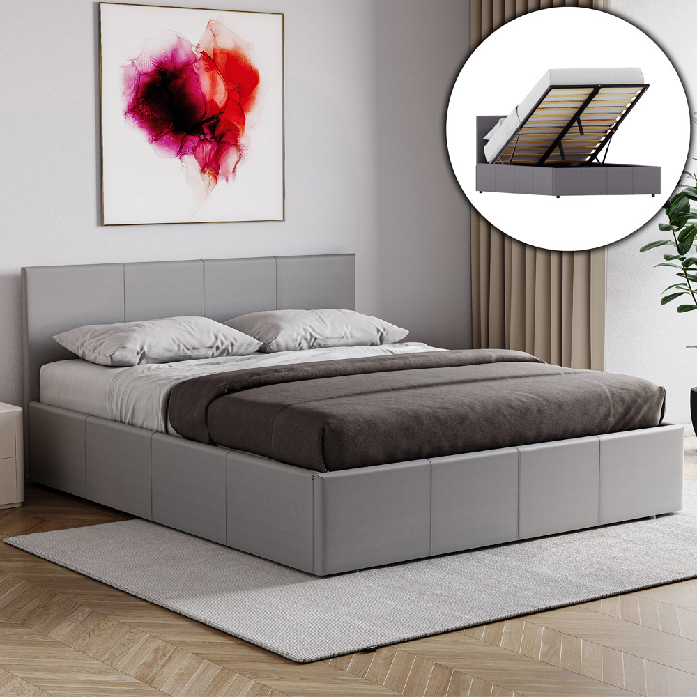 VIDA DESIGNS Lisbon King Size Grey Faux Leather Ottoman Bed with Gel Memory Foam Mattress Image 3