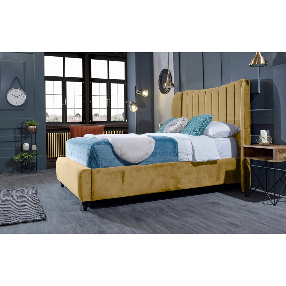 Eleganza Home Carli King Size Beige Plush Velvet Bed Frame with Lined Headboard Image 4