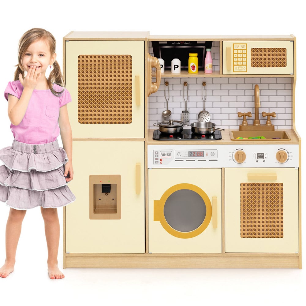 Costway Kids Yellow Wooden Kitchen Playset with Stove and Water Dispenser Image 3