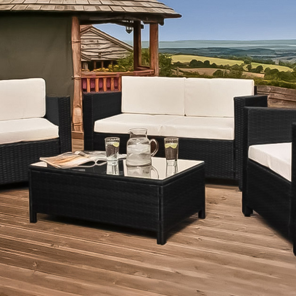 Brooklyn 4 Seater Black Rattan Sofa Chair and Table Set with Back Pads and Cover Image 2