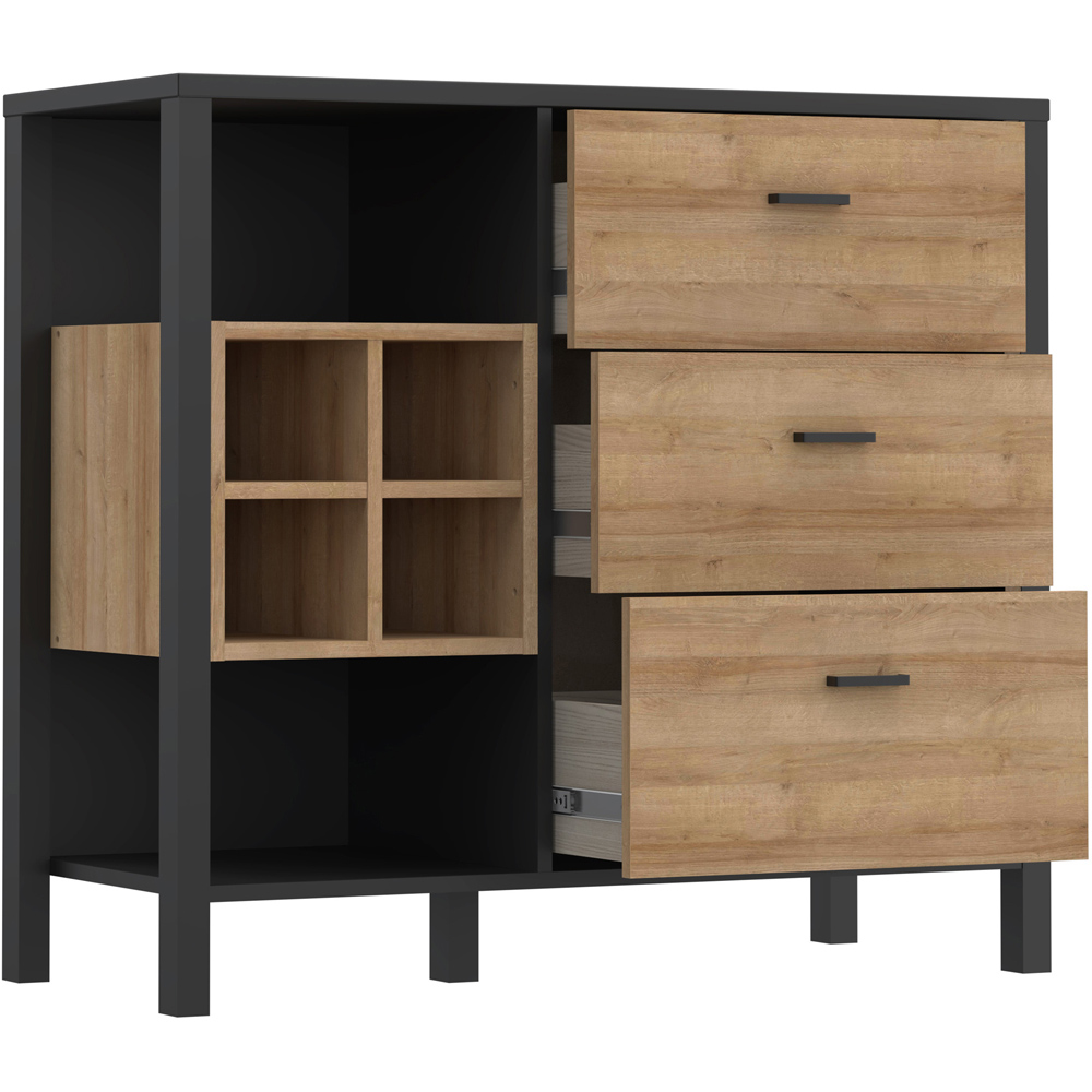 Florence High Rock 3 Drawer 2 Shelf Matt Black and Riviera Oak Sideboard with Wine Bottle Holders Image 5