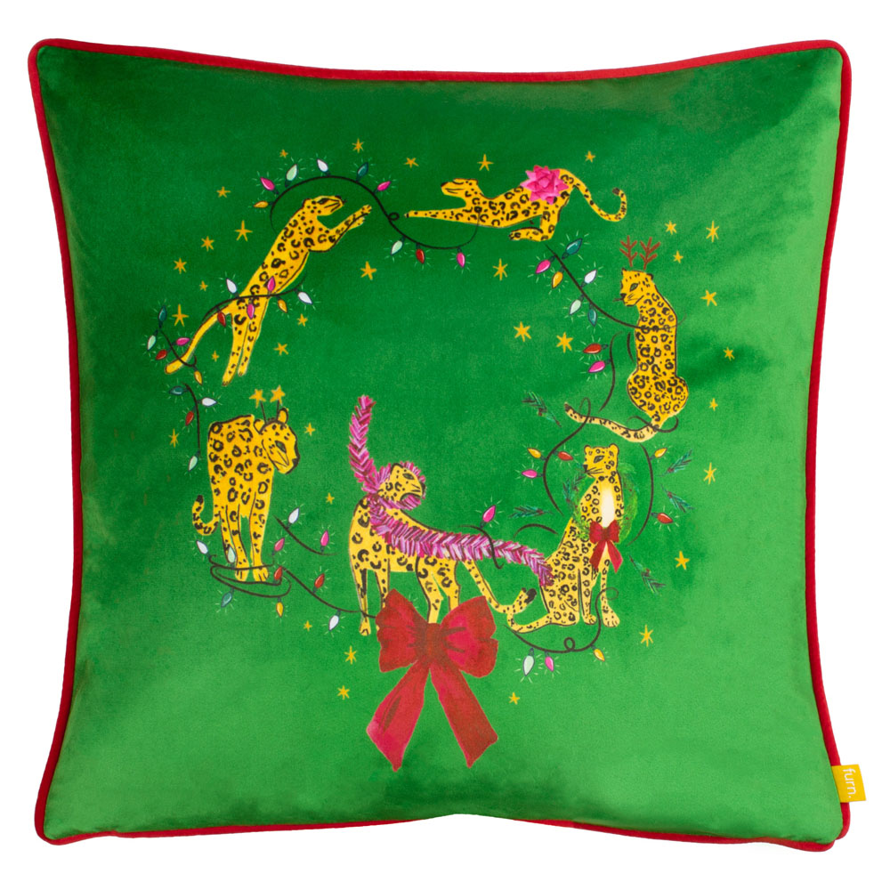 furn. Purrfect Green and Gold Leaping Leopards Velvet Piped Cushion Image 1