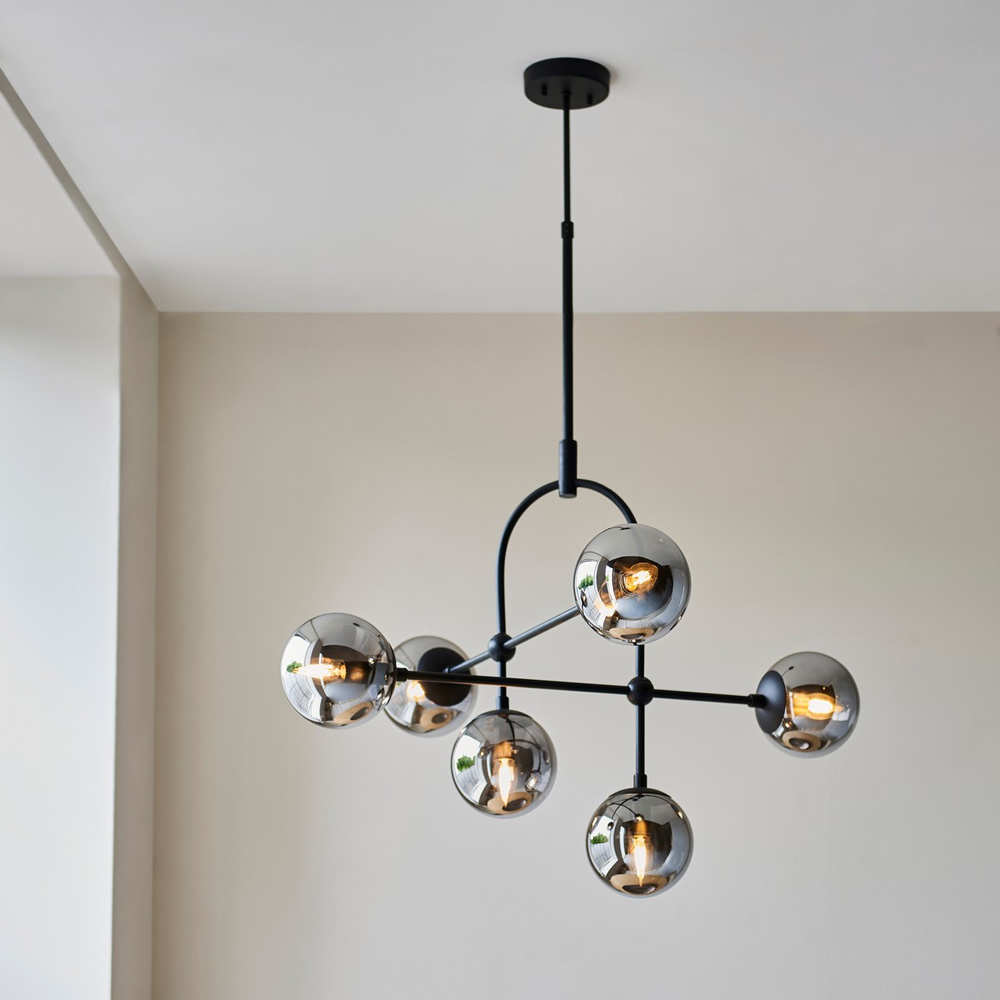 Merano Trieste Smoked Mirror Glass Matt Black Globe Pendant Ceiling Light Image 2