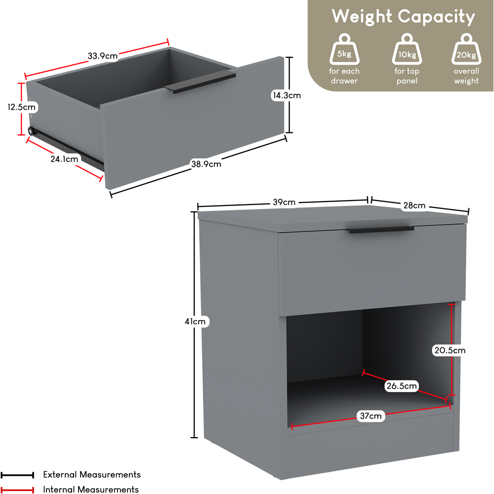 VIDA DESIGNS Trega Single Drawer Single Shelf Grey Bedside Cabinet Set of 2 Image 7