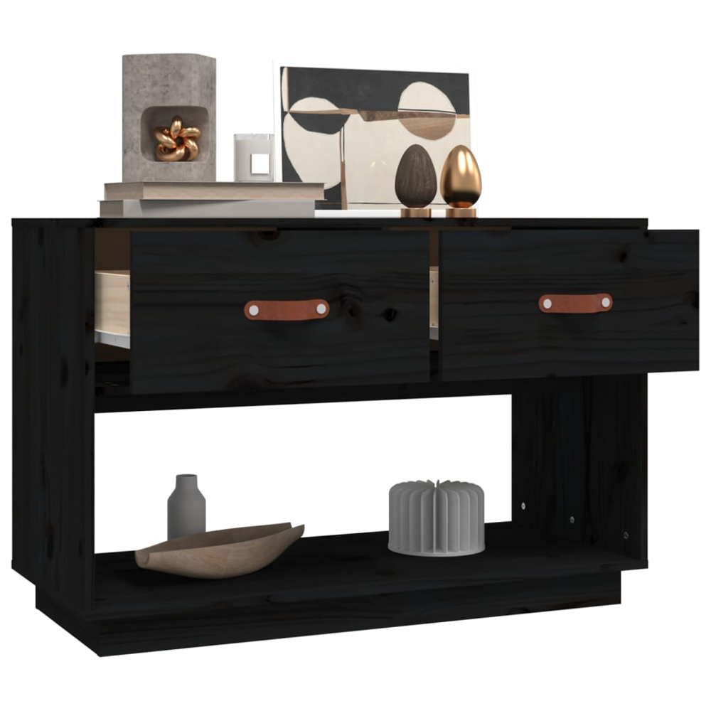 vidaXL 2 Drawer Single Shelf Black Solid Pine Wood TV Cabinet Image 3