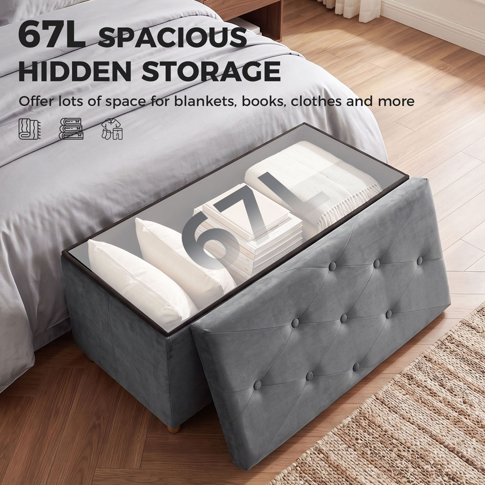 HOMCOM Grey Velvet Upholstered Foldable Ottoman Footrest with Wood Legs Image 5