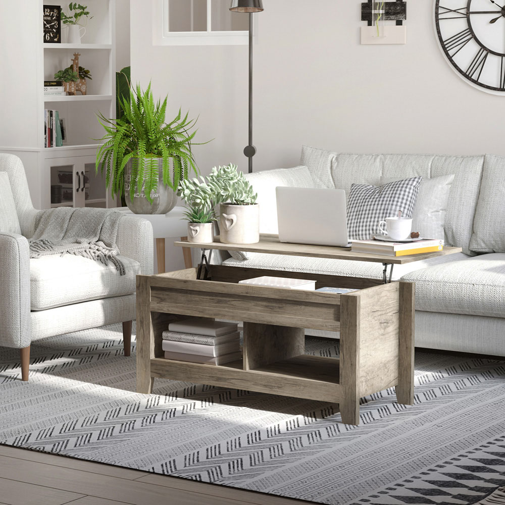 Portland 2 Shelf Oak Effect Wooden Lift Top Coffee Table Image 4