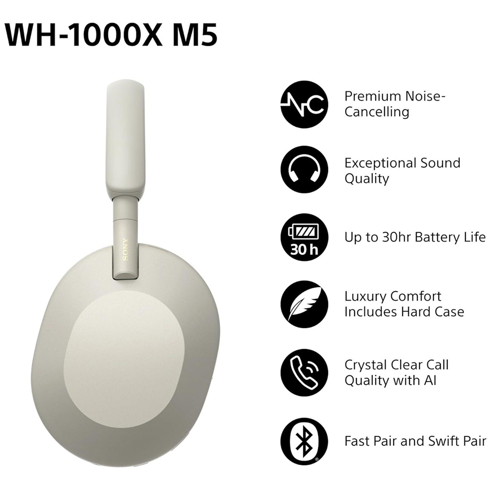 Sony WH-1000XM5 Silver Noise Cancelling Wireless Over Ear Headphones Image 5