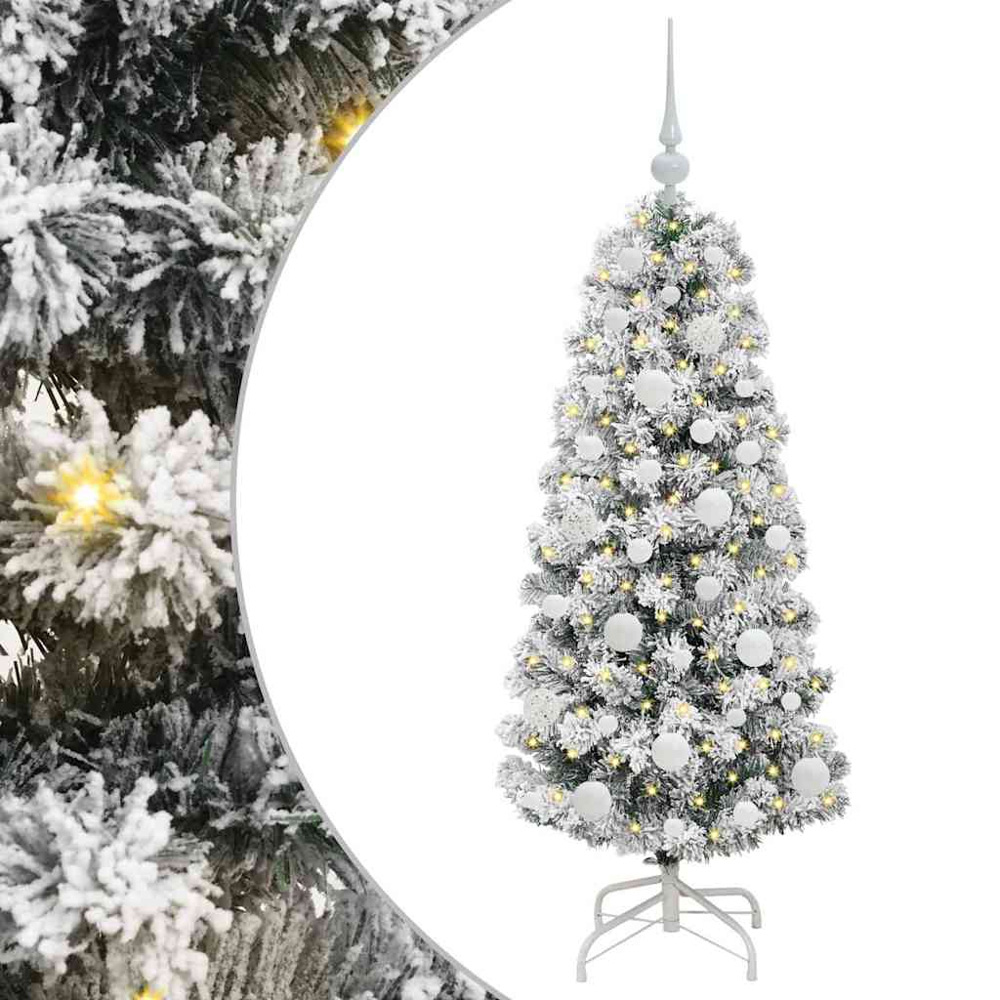vidaXL Pre-Lit Warm White LED and White Baubles Snow Flocked Artificial Christmas Tree 4ft Image 2