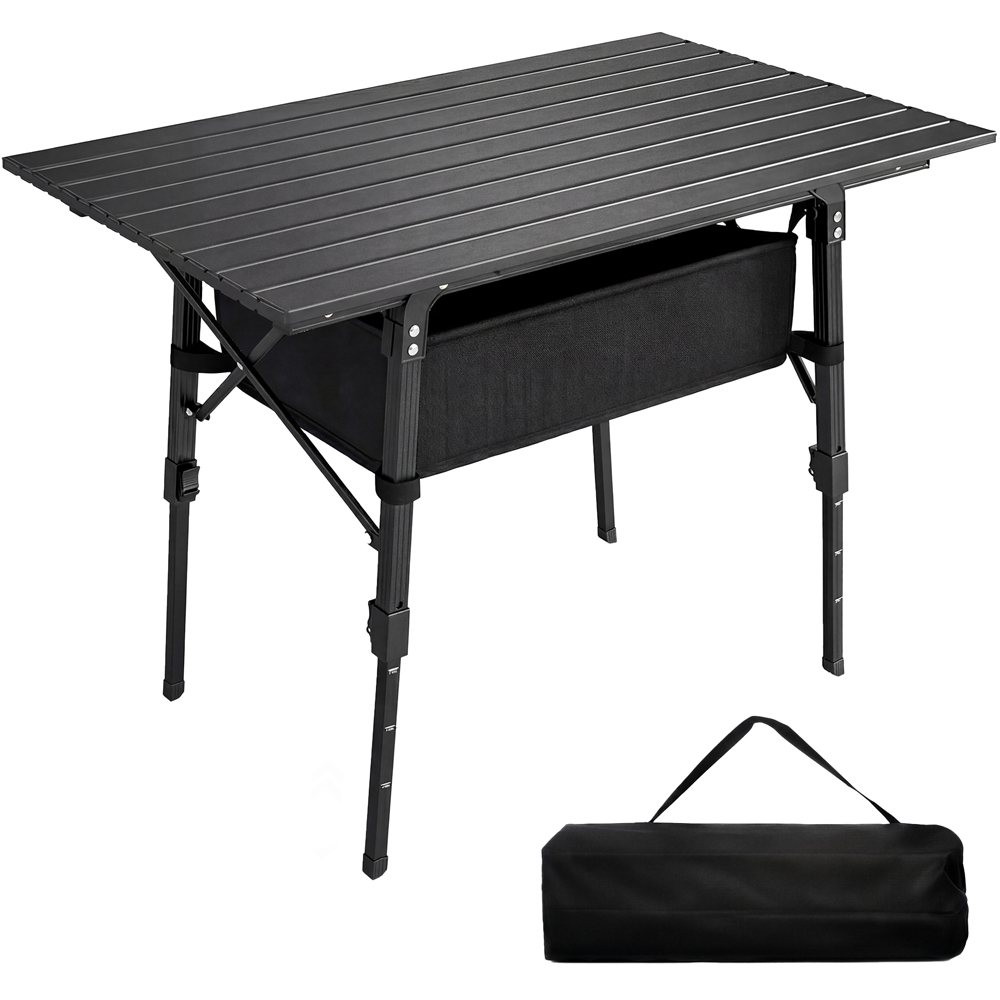 Outsunny 3ft Black Height Adjustable Foldable Camping Table with Storage Basket Image 1